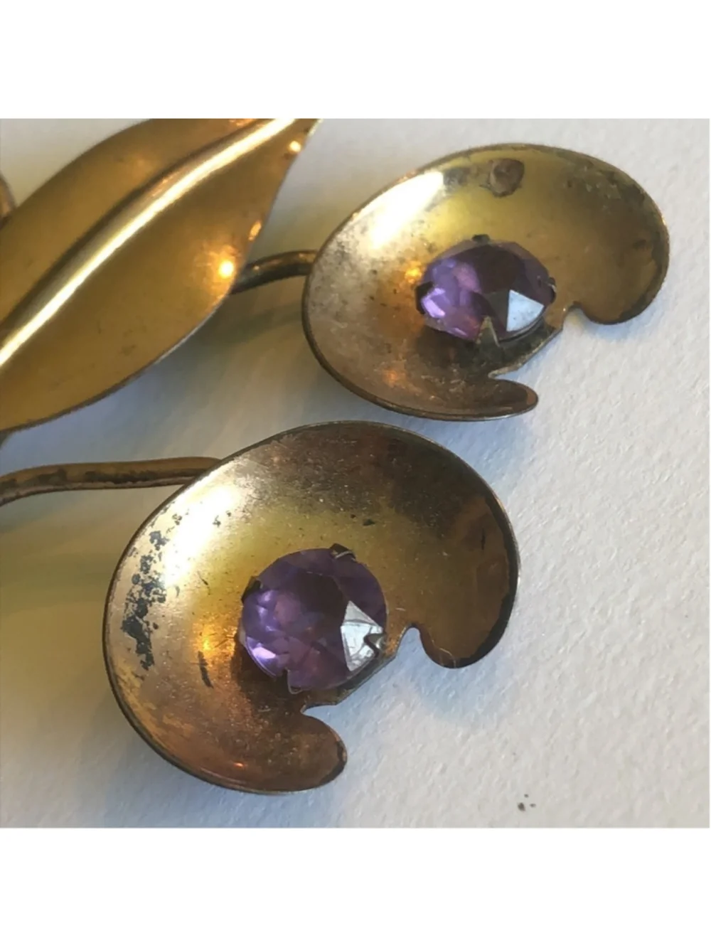 Sterling Gold Wash Purple CZ Rhinestone Floral Spray Brooch Shoulder Pin